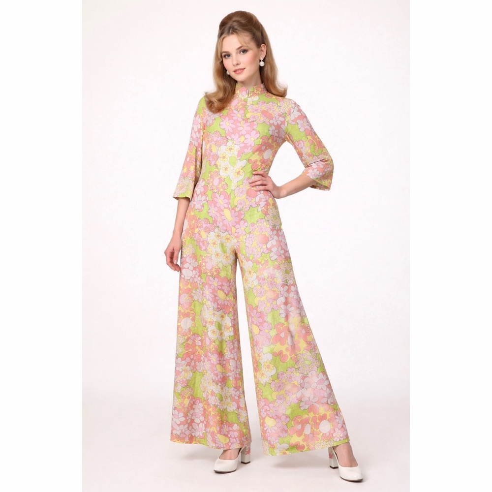 J. Peterman Psychedelic Floral Print Mandarin Collar Wide Leg Retro Mod Jumpsuit - Picture 15 of 16